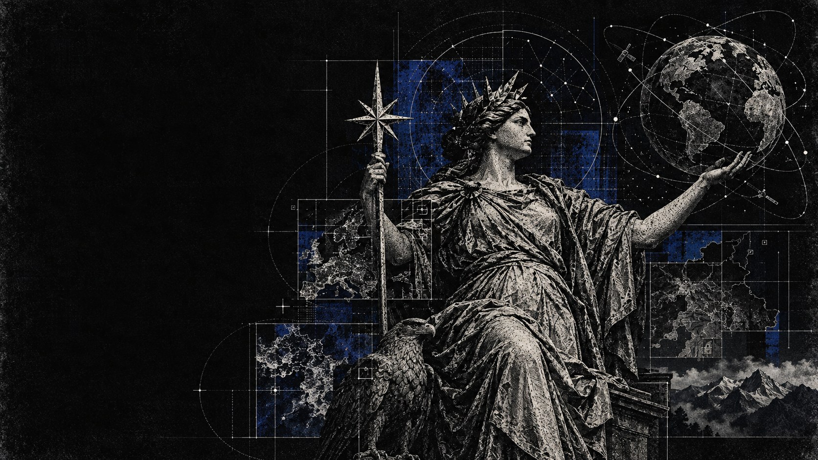 An engraved sovereign figure holding a star-tipped staff, an eagle at her feet, one hand reaching toward a globe ringed by orbiting satellites, world maps and mountains rendered in stone and cobalt.