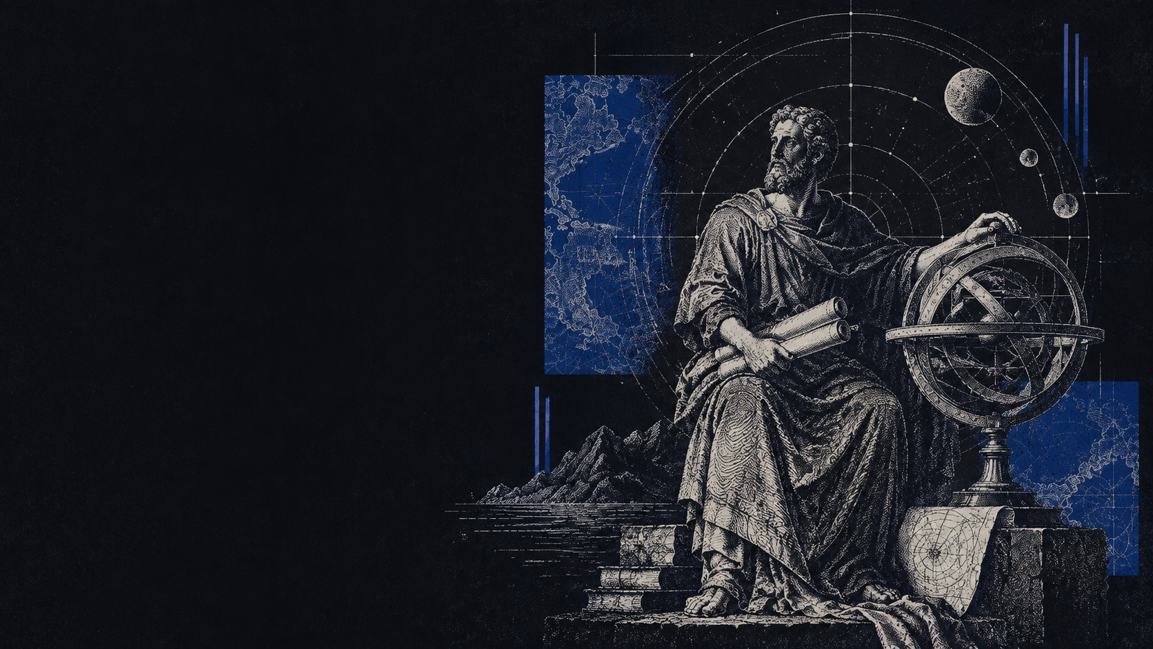 An engraved scholar seated with scrolls and books, one hand resting on an armillary sphere, orbiting bodies and world-map fragments rendered in stone and cobalt behind him.